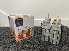 4 GLASS MILK JUICE BOTTLES WITH SCREW ON LIDS + STRAWS & CARRY CADDY - VGC