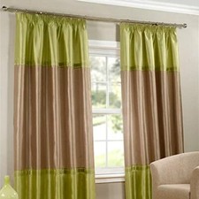 Faux Silk Pair of Curtains Lined - Pencil Pleat Tape Top Taupe & Lime Green