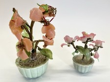 2x Vintage Glass Cherry Blossom Bonsai Trees MCM Pink Glass Green Glass Petals