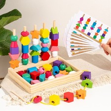 Montessori Toys Wooden Beads Sequencing Toy Set for Toddlers 2 3 4 5 Years Old