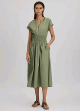 Reiss Lena Cotton Ruched Waist Midi Dress, Green - Size 10