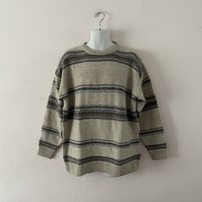 VINTAGE TWILIGHT ZONE GRANDAD JUMPER - XL - BEIGE STRIPED - RETRO KNIT