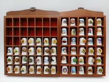 Vintage Souvenir Thimble Collection in Wooden Display Cabinets 56 Pieces