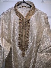 Mens Pakistani Indian Shalwar Kameez Kurta Plain Emroidered Beige