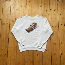 Vintage 1980 Fruit Loom Walrus Sledding white sweatshirt jumper 80s animal snow