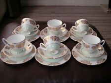 HAMILTON ENG FINE BONE CHINA VINT GREEN BAND/GILT ROSE BORDER 18 PIECE TEA SET