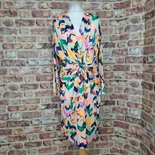 INGENUE Dress Pale Green Multicolour UK 14 Ruched Waist Knee Length Stretch