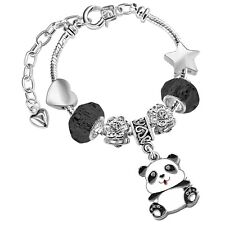 Girls Womens Adjustable Silver Plated Sparkly Panda Charm Bracelet with Gift Box