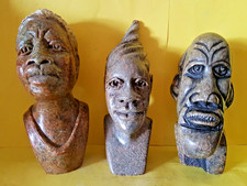 3 Gorgeous Vintage Hand Carved Stone African Bust Sculptures