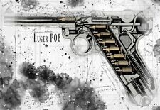 Line Tech Drawing Luger P08 Gun Mock Retro Art  Poster Print