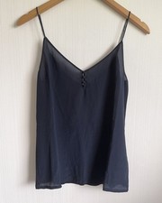 Massimo Dutti Silk Vest Top Deep Navy Blue Button Detail Size XS