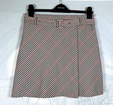 H&M cream, brown, red & black houndstooth Dark Academia belted mini skirt, 12