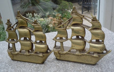 Pair Vintage Brass Sailing Ship Bookends