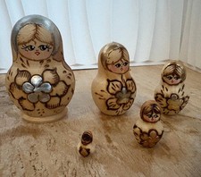 Wooden Russian Nesting Dolls Matryoshka 5 Piece Set Pyrography Vintage 