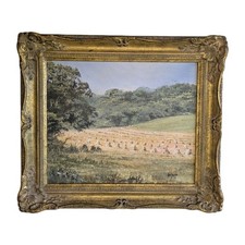 Allan Morgan Original Signed Oil Painting Hay Stacks Country Scene Gold Frame