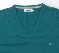 J Lindeberg Merino Wool Jumper Mens Size L Large Fitted V-Neck Teal Sweater