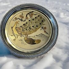 Small Art Of Chokin Display Plate By Seba Asian Peacocks Vintage Silver Tone.