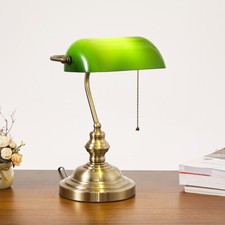 Traditional Green Banker Desk Lamp Pull Chain Switch Glass Light Satin Brass.