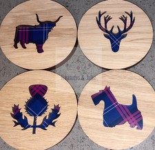 Set Of 4 Scottish Themed Table Coaster Oak Veneer