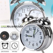Bedside Traditional Classic Style Double Bell Alarm Clock Chrome Silver.