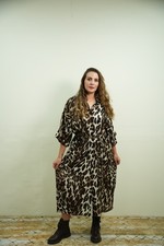 lagenlook loose leopard print shirt dress brown size 12-22