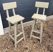 2 Green / Grey Painted Heavy Wooden Bar Stools 