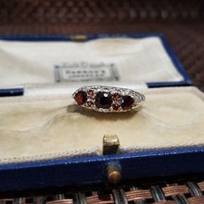 Vintage 925 Sterling Silver Gypsy Ring Red Garnet Gemstones, UK Size M½ US 6.5