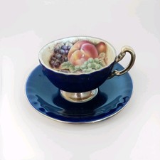 Vintage Aynsley Orchard Fruit Cobalt Blue Gold Scalloped Cabinet Cup & Saucer 