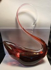 Uredale Glass Hand-blown Swan  Cased Red & Pink Swirls