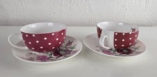 Laura Ashley Fine Bone China Red Polka Dot Floral Cup & Saucer Set of 2 Retro