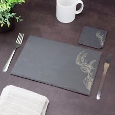 Half Stag Slate Placemat Coaster Set Laser Engraved Deer Shabby Chic Gift