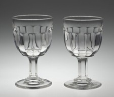Pair Victorian Antique Wine Glass Goblets Press Moulded with Convex Lens Bowls