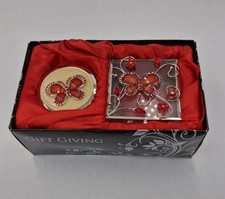 Leonardo Giftware Trinket Box & Compact Mirror Red Glass Butterfly Flowers 