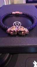 Authentic Alexander McQueen Black Nappa Leather / Gold Twin Skull Bracelet