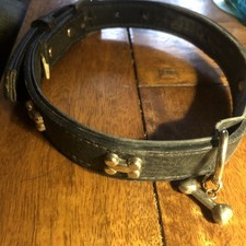 Black Bone Studded Leather Dog Collar Adjustable Pet Collar, Large - Extra Large