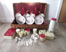 Vintage large Brexton wicker picnic hamper basket & some picnic ware contents