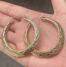 14k Yellow Gold Plated Large Wheat Pattern Engraved Hoop Creole Earrings