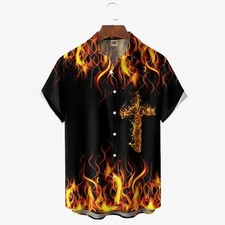 Mens Button Down Shirts Fire Flames Printed Summer Tops Novelty Ugly Gag Gifts