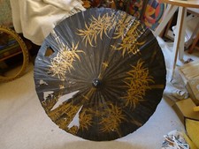 Antique Japanese Washi Paper and Bamboo Parasol Umbrella Black & Gold