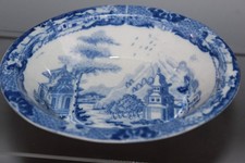 ANTIQUE POTTERY BLUE & WHITE TWO TEMPLES PATTERN SMALL OVAL SHALLOW DISH