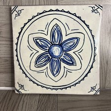 Wall Tile - Glazed Terracotta - White & Blue - Flower Design - 6" - Decorative