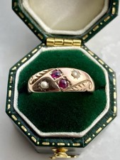 Antique Victorian 15ct Gold Ruby And Pearl Gypsy Ring - Size J