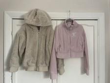 Girls 7-8 Zip Up Bundle Faux Fur Hoodie Beige, Cropped Tracksuit Top Pink
