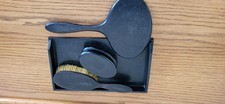 Black dressing table set tray mirror brush and container (possibly ebony)