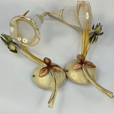 Vintage Italian Metal & Glass Toleware Pair Of Floral Wall Lights By Novarca