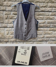 J29 - New Tag £40 Mens River Island Wool Rich Brown Check Waistcoat Jacket UK 42