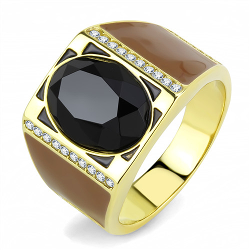 Mens gold black ring signet - black, cz