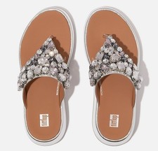 FITFLOP F-MODE JEWEL DELUXE FLATFORM SIZE 7/41 SILVER LEATHER FLIP FLOPS FREEP&P
