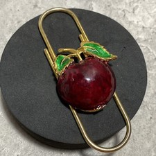 VINTAGE Red Apple Giant Paper Clip Enamel Gold Tone Novelty Brooch? Stationery