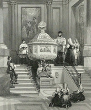 Palermo Cathedral Sicily View of Interior  Baptismal Font engraved print 1839